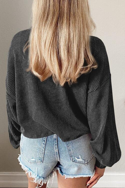 Round Neck Drop Shoulder Long Sleeve Top - Cowaa