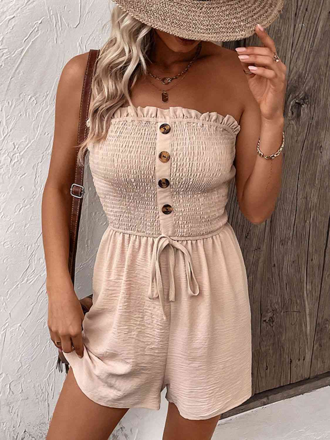 Decorative Button Smocked Strapless Romper - Cowaa