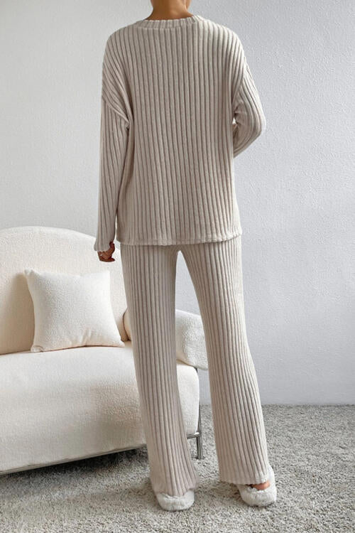 Ribbed V-Neck Top and Pants Set - Cowaa
