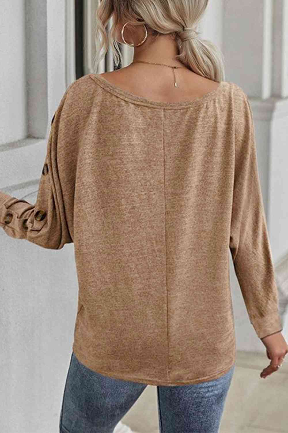Boat Neck Buttoned Long Sleeve T-Shirt - Cowaa