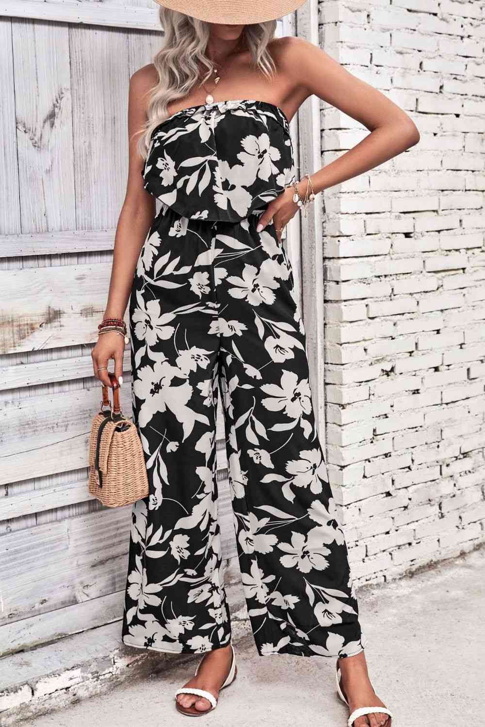 Floral Strapless Wide Leg Jumpsuit - Cowaa