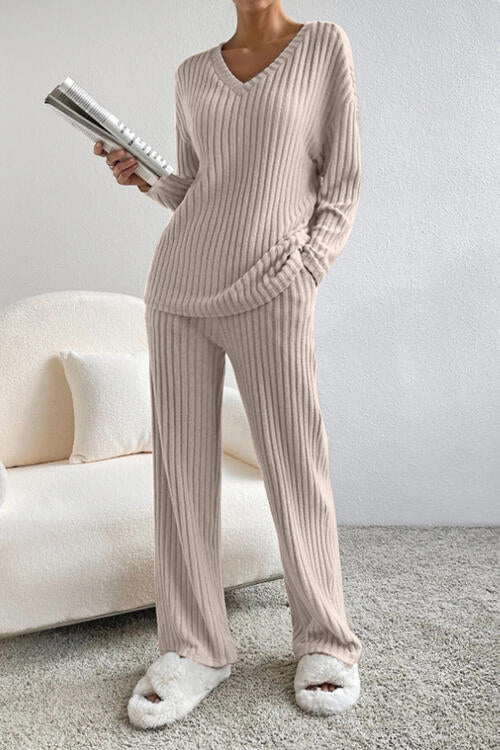 Ribbed V-Neck Top and Pants Set - Cowaa