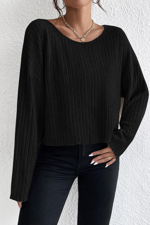 Ribbed Round Neck Drop Shoulder Long Sleeve Top - Cowaa