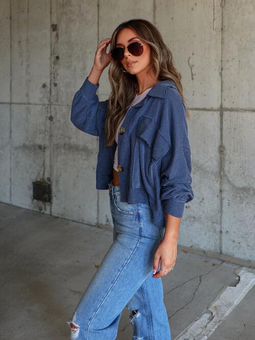 Ribbed Collared Neck Button Up Jacket - Cowaa