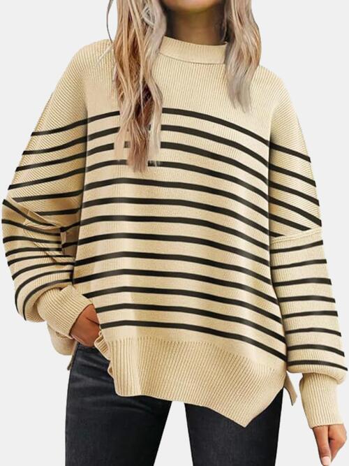 Round Neck Drop Shoulder Slit Sweater - Cowaa