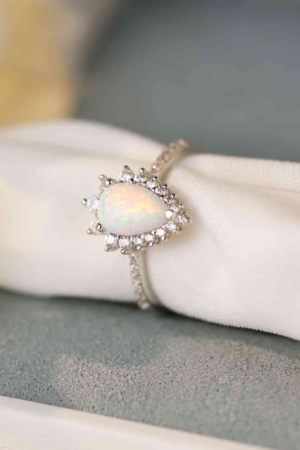 Platinum-Plated Opal Pear Shape Ring - Cowaa