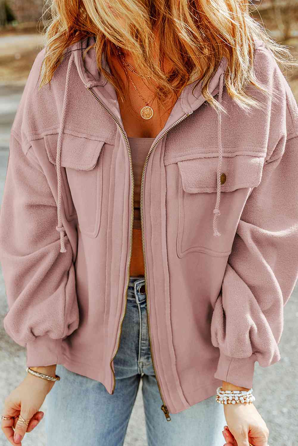 Zip-Up Drawstring Hooded Jacket - Cowaa