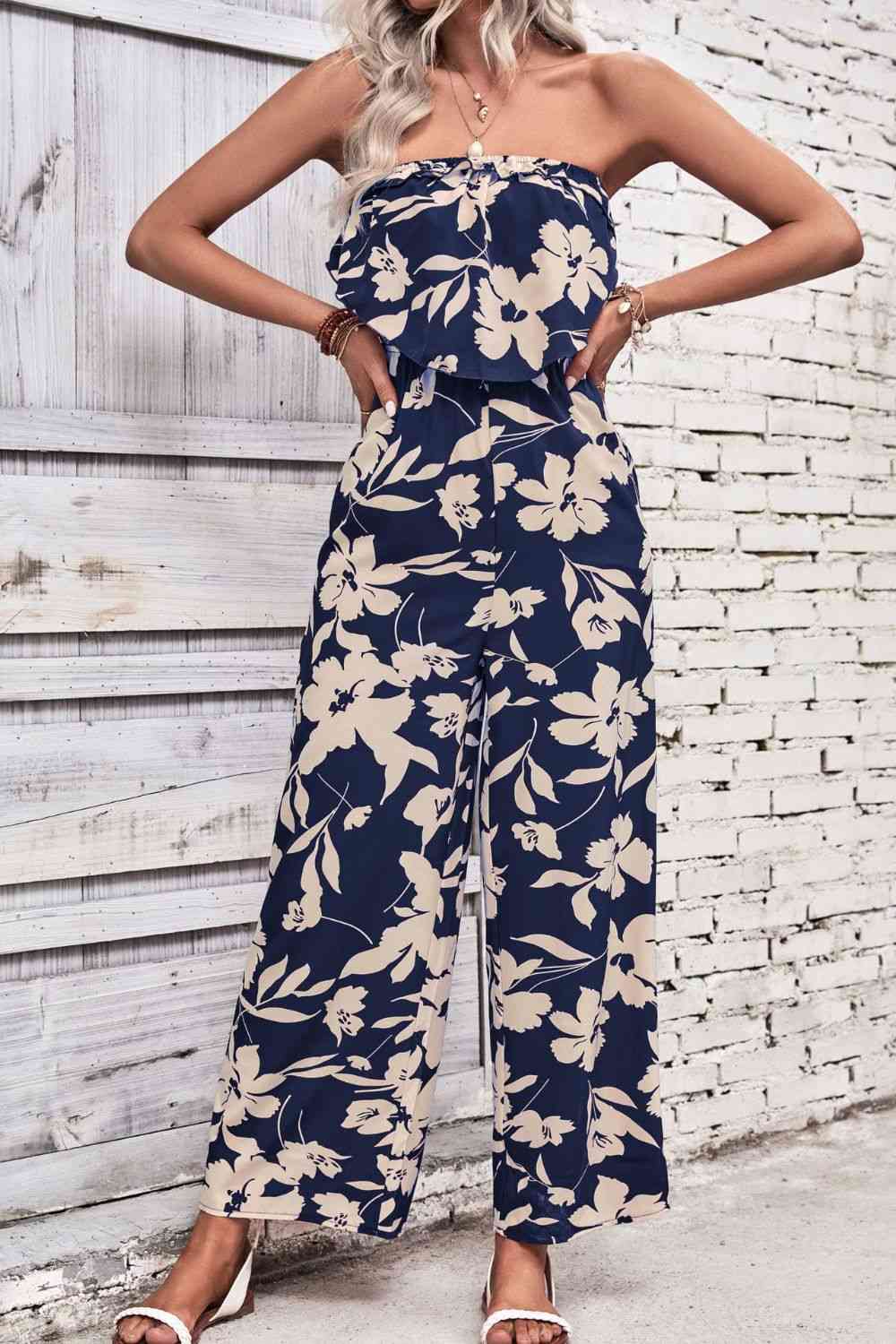 Floral Strapless Wide Leg Jumpsuit - Cowaa