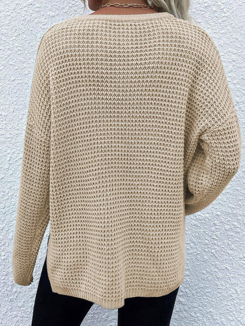 Notched Long Sleeve Sweater - Cowaa