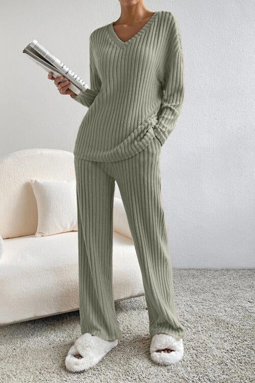 Ribbed V-Neck Top and Pants Set - Cowaa