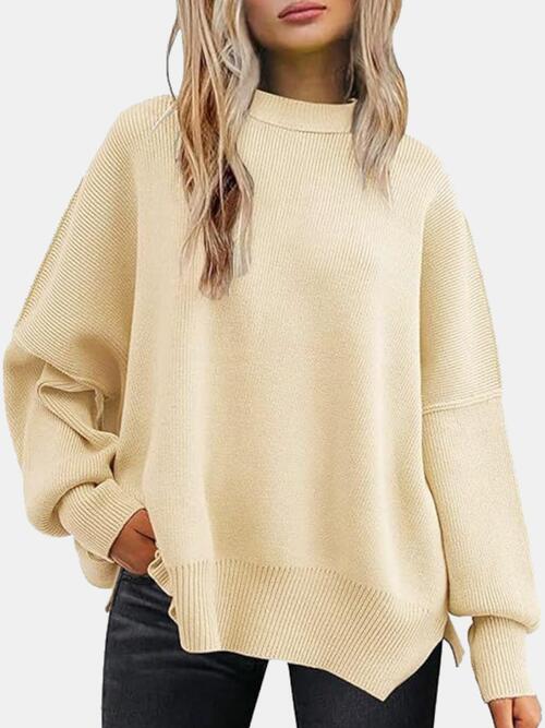 Round Neck Drop Shoulder Slit Sweater - Cowaa
