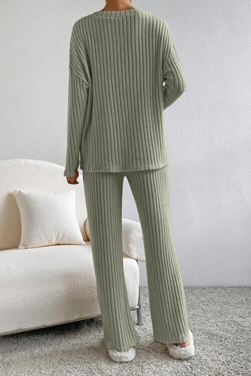 Ribbed V-Neck Top and Pants Set - Cowaa