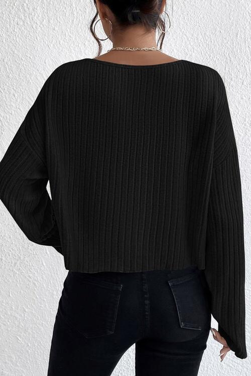 Ribbed Round Neck Drop Shoulder Long Sleeve Top - Cowaa