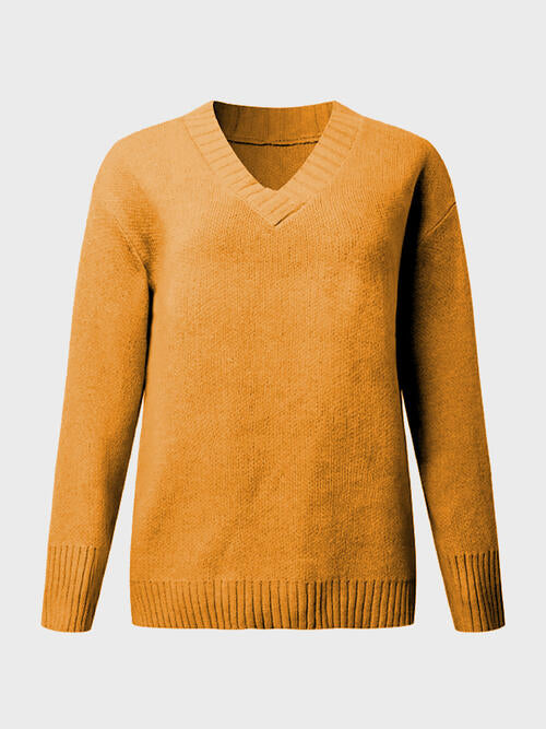 V-Neck Long Sleeve Knit Top - Cowaa