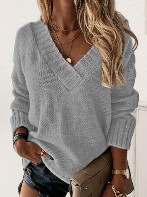 V-Neck Long Sleeve Knit Top - Cowaa