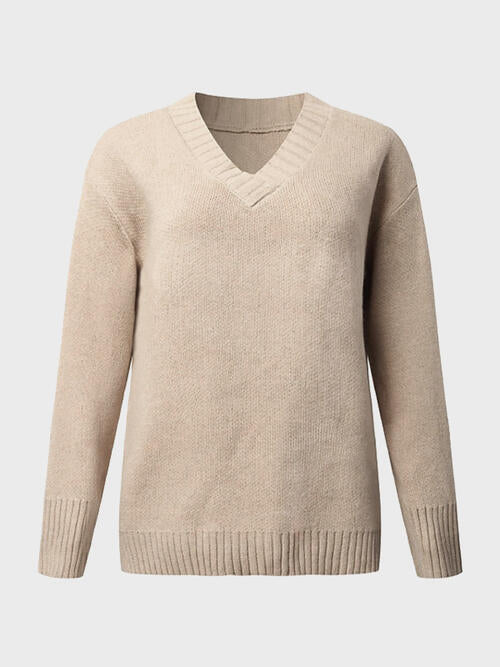 V-Neck Long Sleeve Knit Top - Cowaa