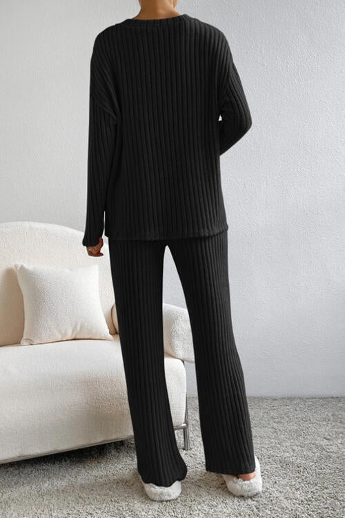 Ribbed V-Neck Top and Pants Set - Cowaa
