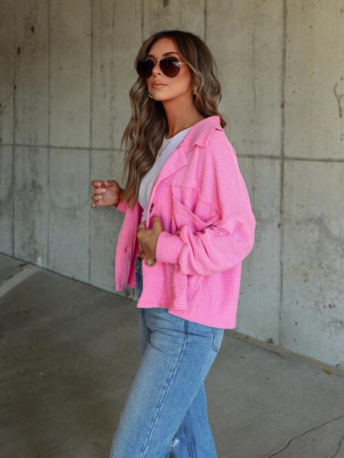 Ribbed Collared Neck Button Up Jacket - Cowaa