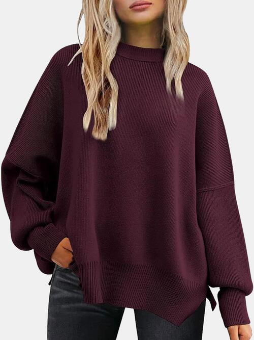 Round Neck Drop Shoulder Slit Sweater - Cowaa