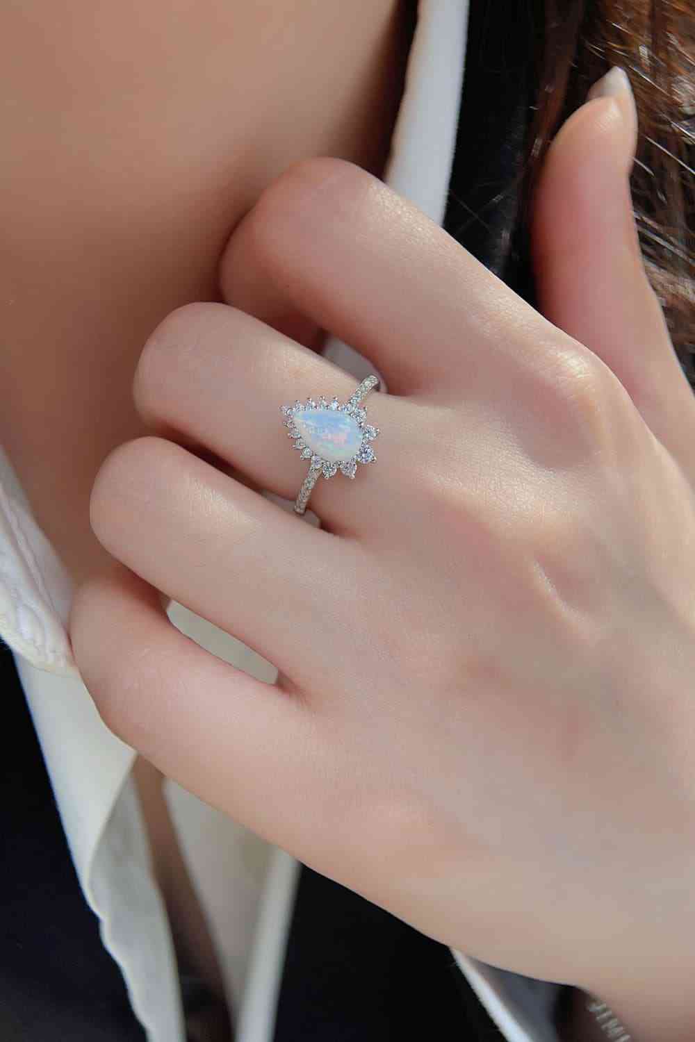 Platinum-Plated Opal Pear Shape Ring - Cowaa