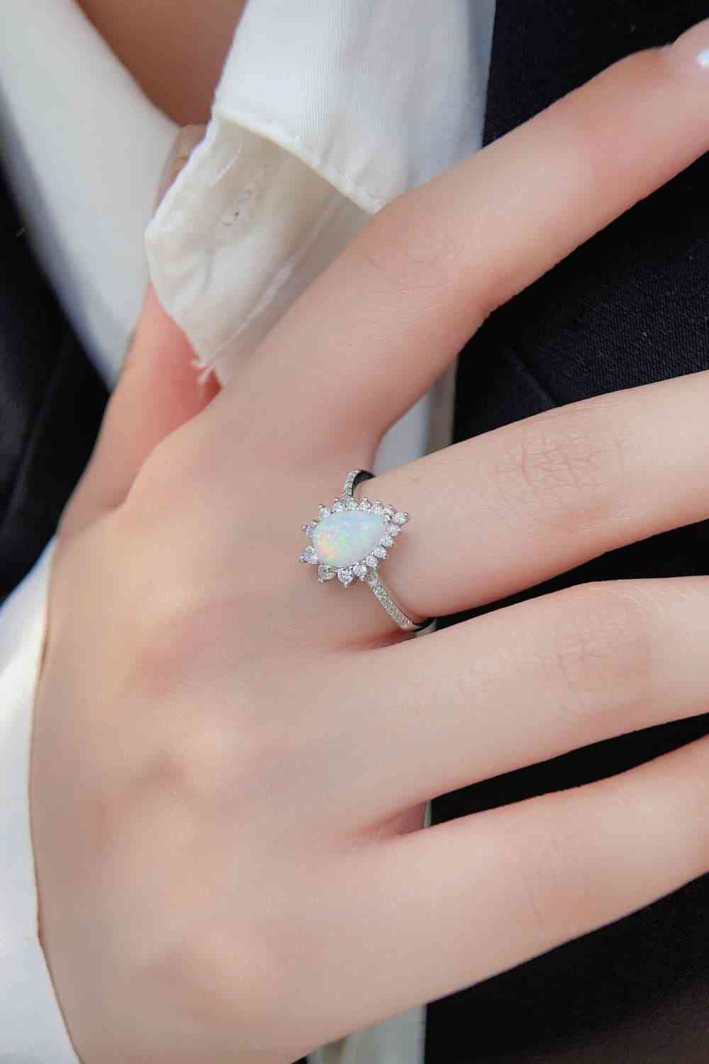 Platinum-Plated Opal Pear Shape Ring - Cowaa