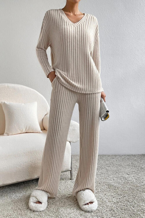 Ribbed V-Neck Top and Pants Set - Cowaa