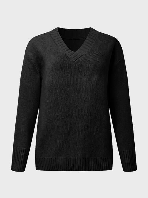 V-Neck Long Sleeve Knit Top - Cowaa