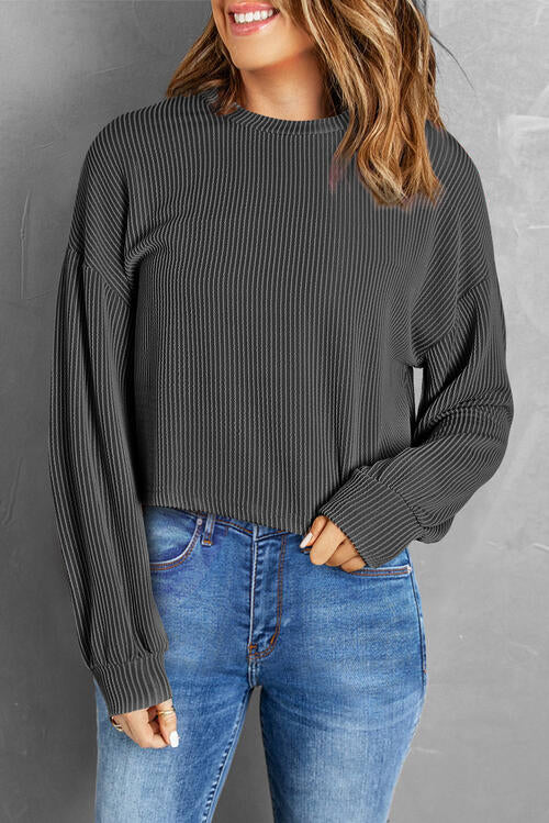 Round Neck Drop Shoulder Long Sleeve Top - Cowaa