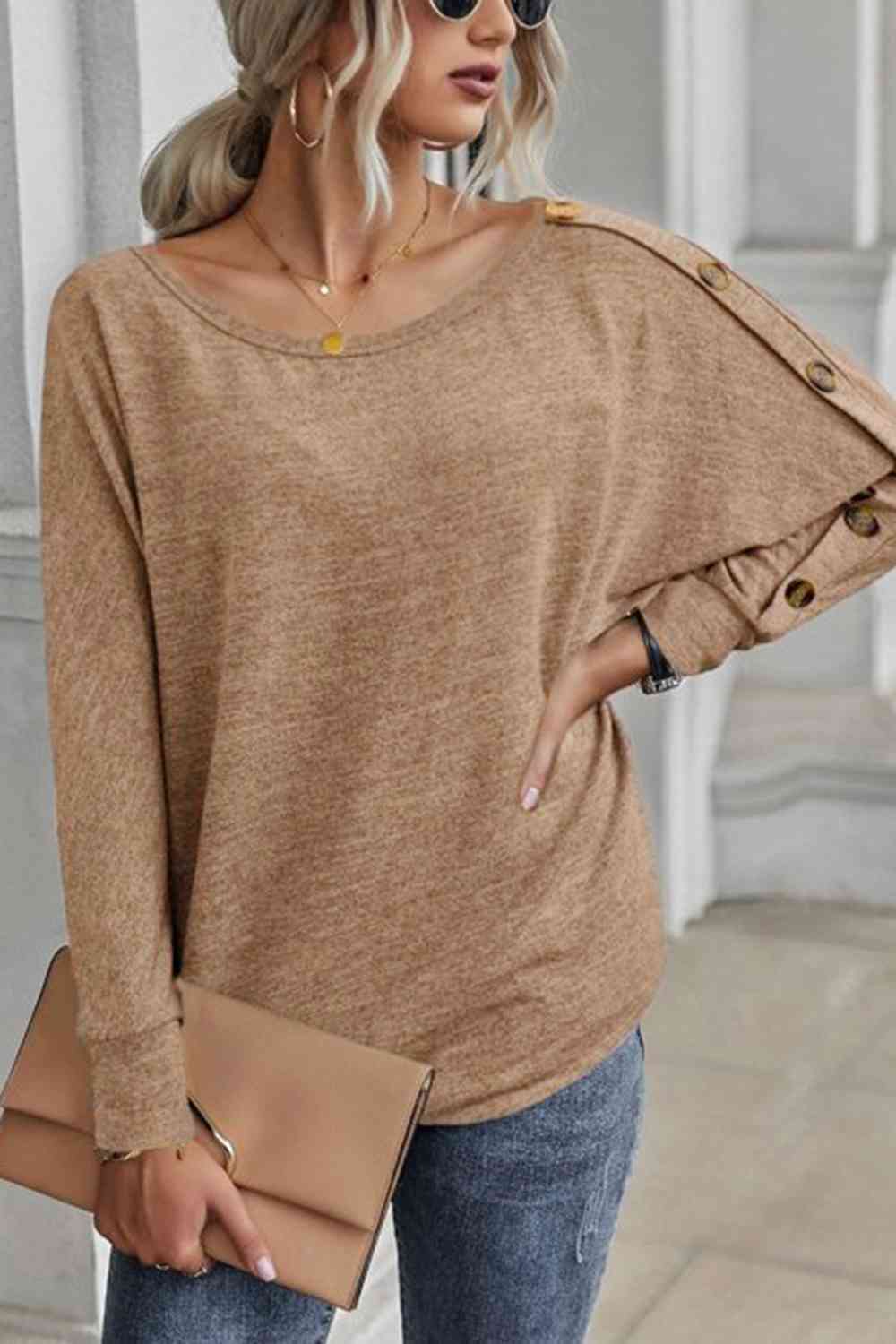 Boat Neck Buttoned Long Sleeve T-Shirt - Cowaa