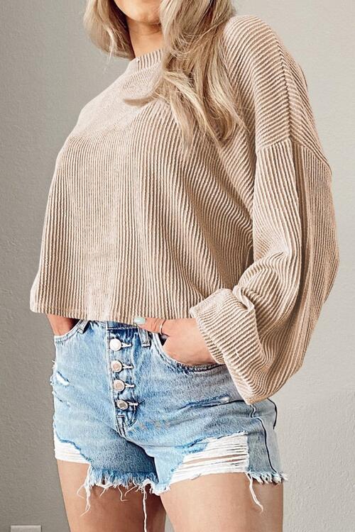 Round Neck Drop Shoulder Long Sleeve Top - Cowaa