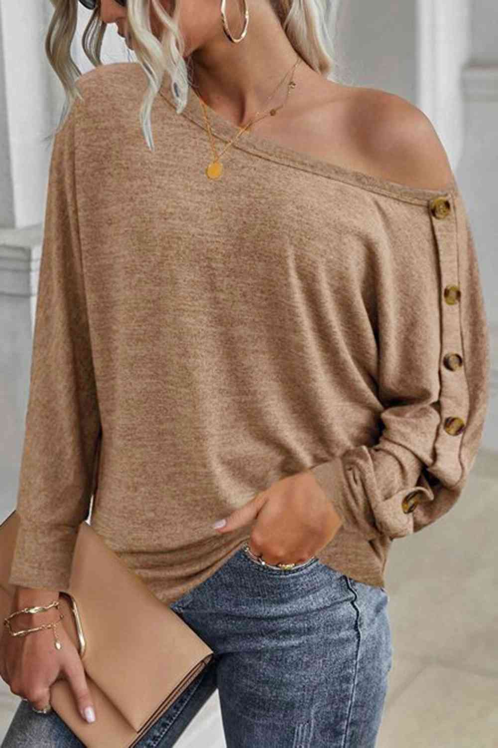 Boat Neck Buttoned Long Sleeve T-Shirt - Cowaa