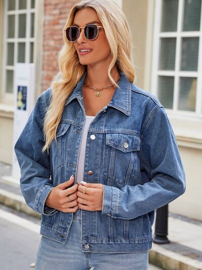 Pocketed Collared Neck Denim Jacket - Cowaa