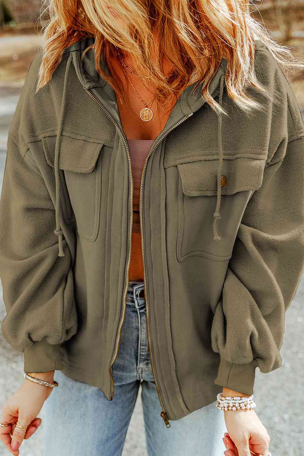 Zip-Up Drawstring Hooded Jacket - Cowaa