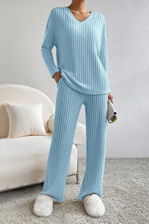 Ribbed V-Neck Top and Pants Set - Cowaa