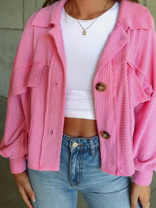 Ribbed Collared Neck Button Up Jacket - Cowaa