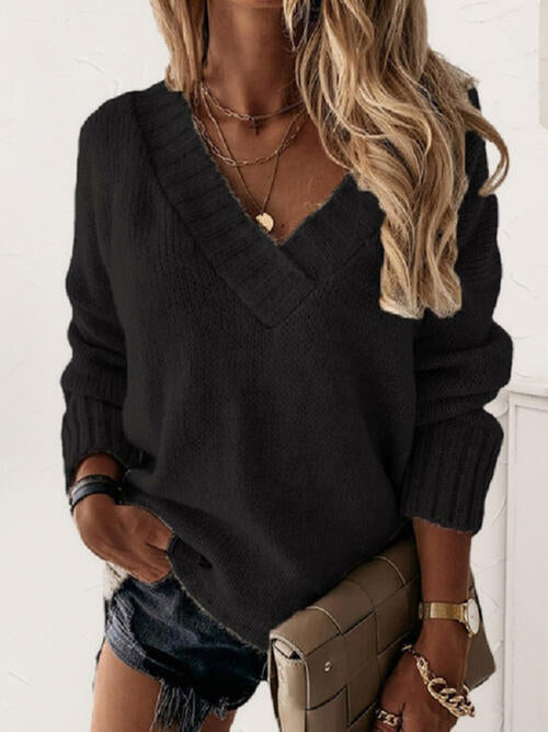 V-Neck Long Sleeve Knit Top - Cowaa