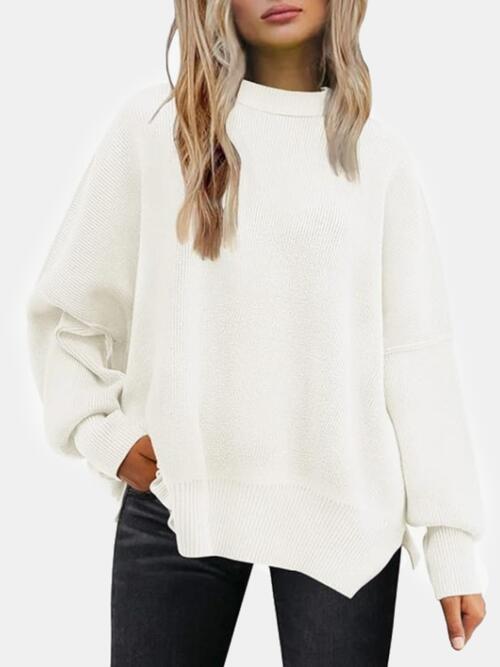 Round Neck Drop Shoulder Slit Sweater - Cowaa