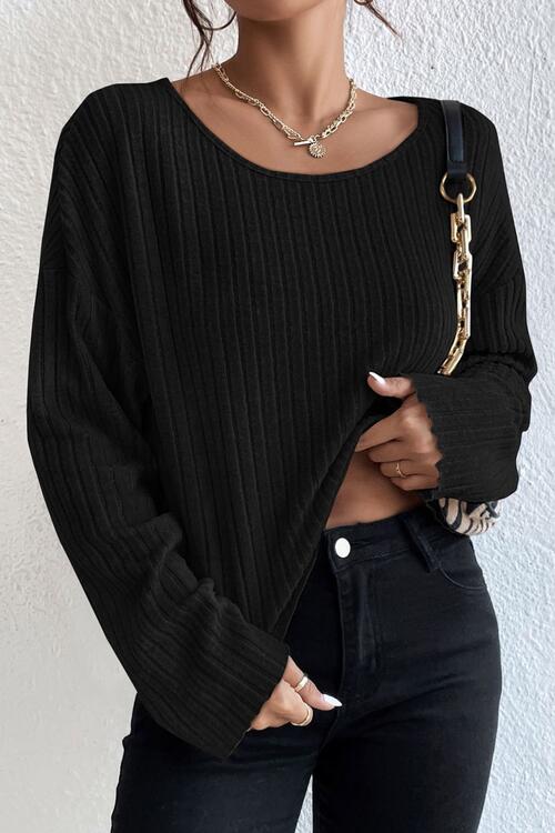 Ribbed Round Neck Drop Shoulder Long Sleeve Top - Cowaa