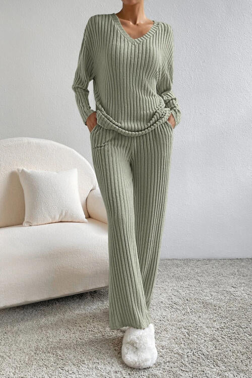 Ribbed V-Neck Top and Pants Set - Cowaa