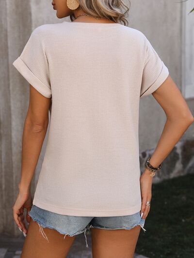 Cable-Knit Round Neck Short Sleeve T-Shirt - Cowaa