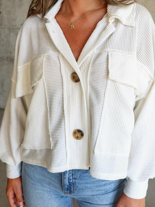 Ribbed Collared Neck Button Up Jacket - Cowaa