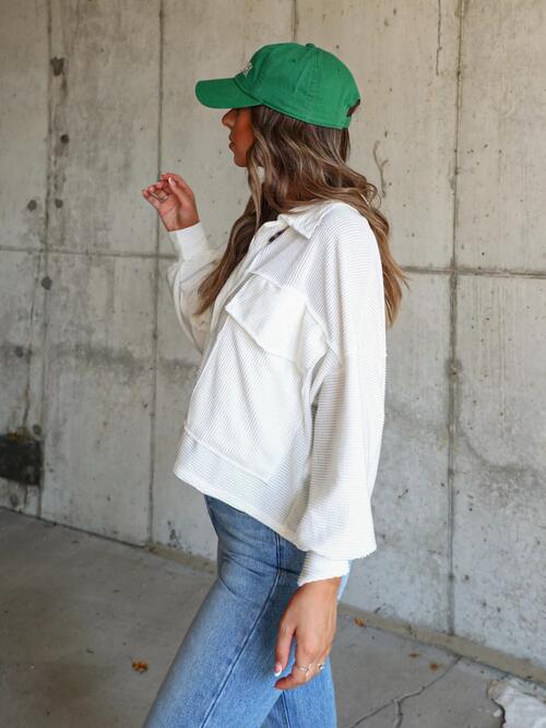 Ribbed Collared Neck Button Up Jacket - Cowaa