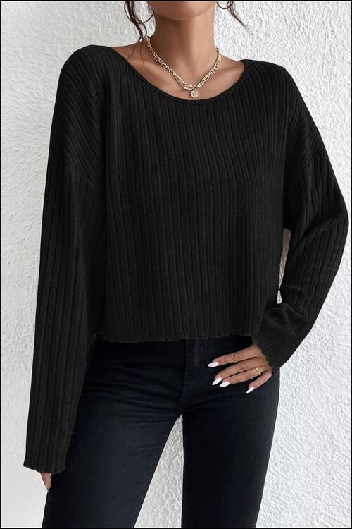 Ribbed Round Neck Drop Shoulder Long Sleeve Top - Cowaa