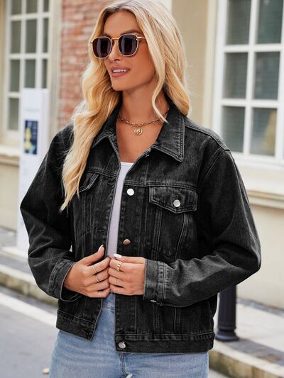 Pocketed Collared Neck Denim Jacket - Cowaa