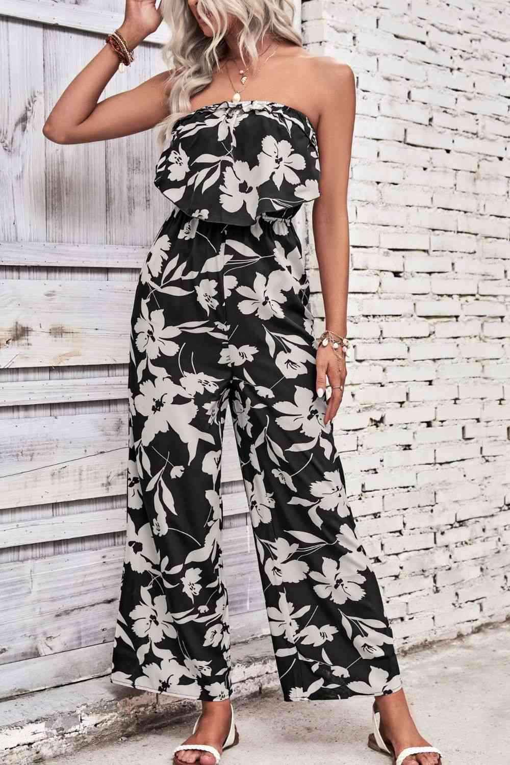 Floral Strapless Wide Leg Jumpsuit - Cowaa