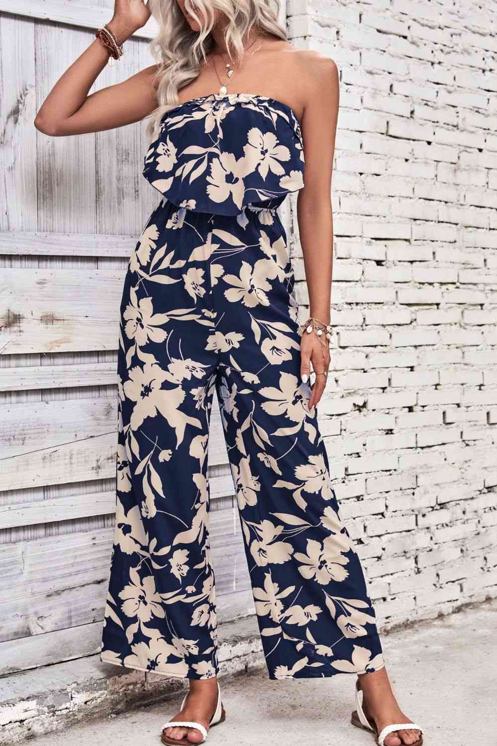 Floral Strapless Wide Leg Jumpsuit - Cowaa
