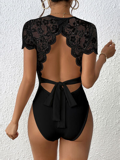 Lace Backless Round Neck Bodysuit - Cowaa