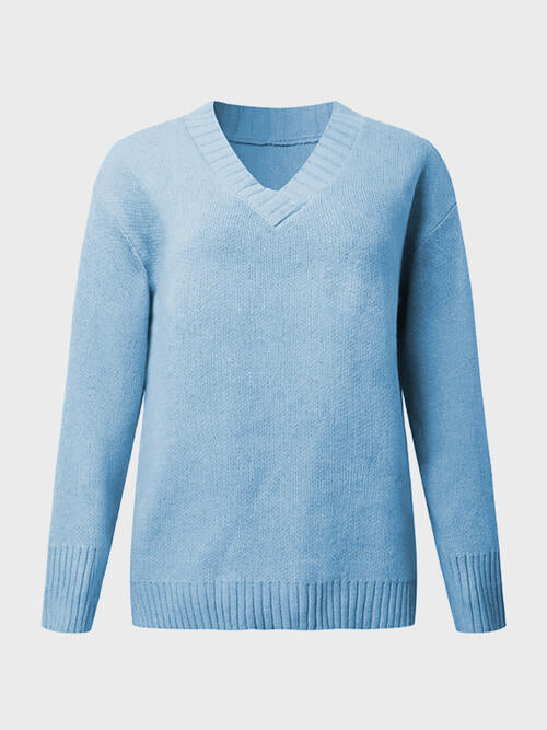 V-Neck Long Sleeve Knit Top - Cowaa