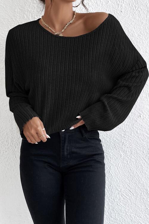 Ribbed Round Neck Drop Shoulder Long Sleeve Top - Cowaa