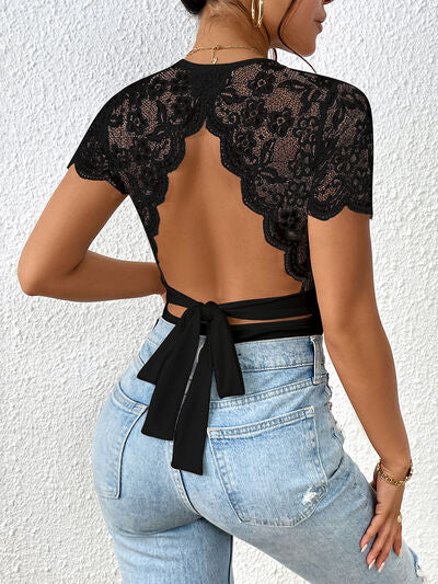 Lace Backless Round Neck Bodysuit - Cowaa